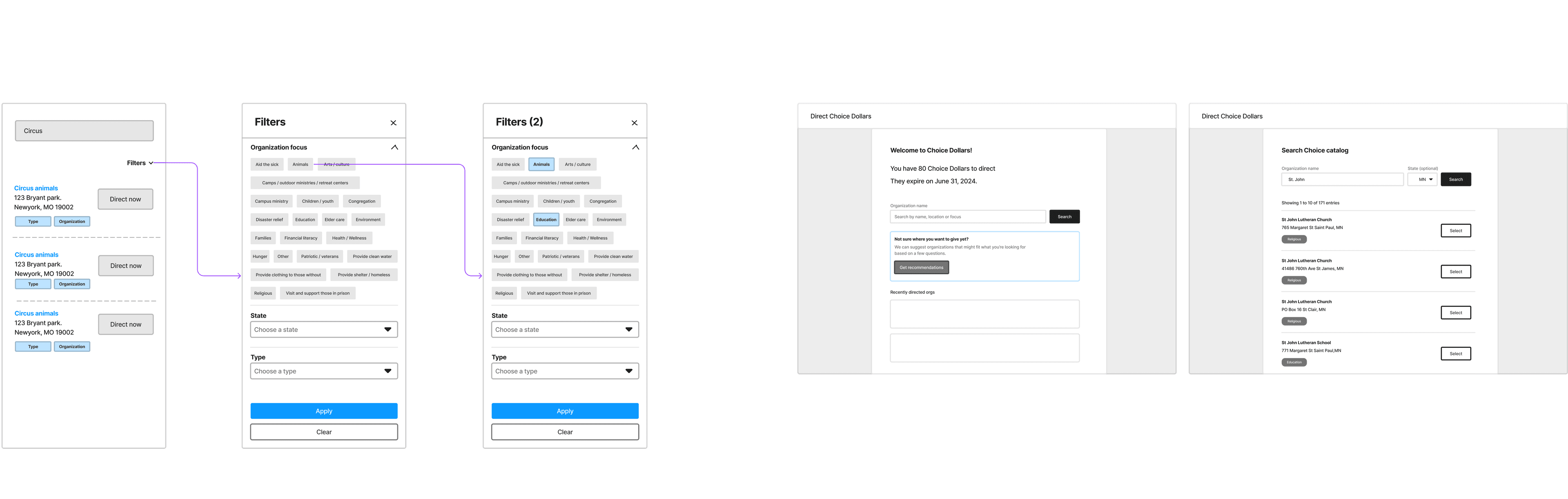 Choice Dollars wireframes